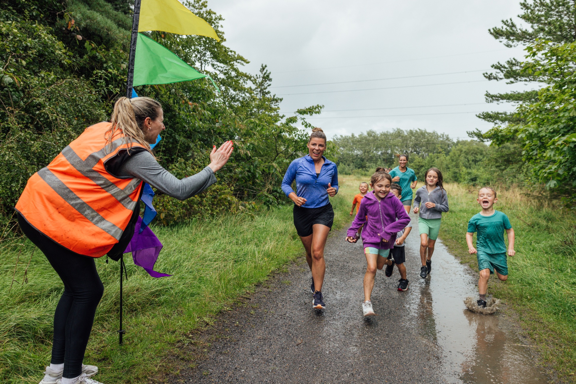Elementary students running a road race